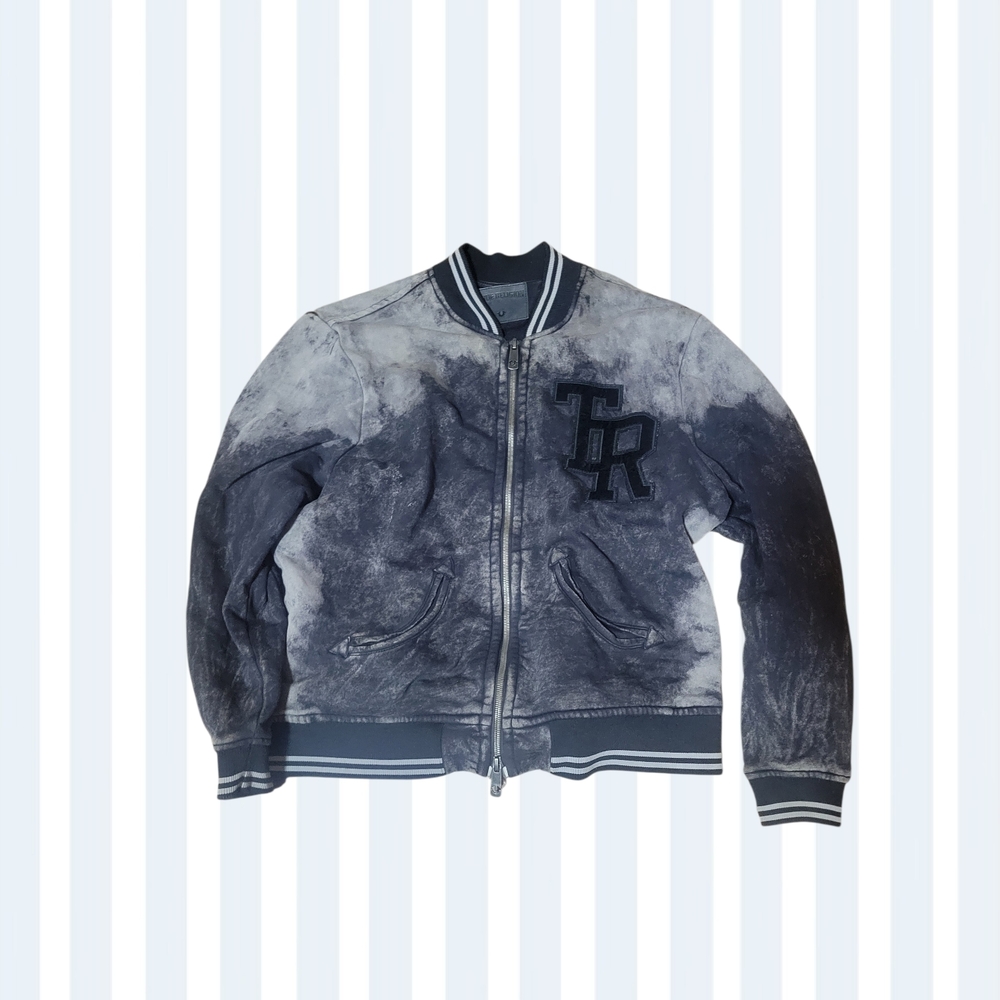 True Religion Black and Gray Washed Varsity Bomber Jacket